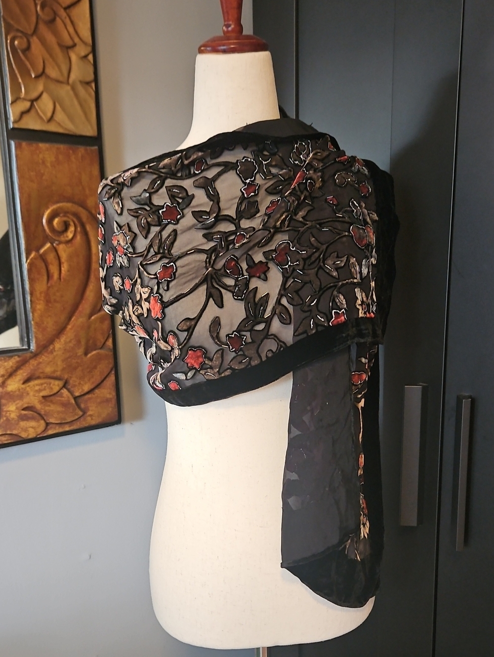DARK ROMANCE goth Black Sheer Embroidered Floral Wrap Scarf